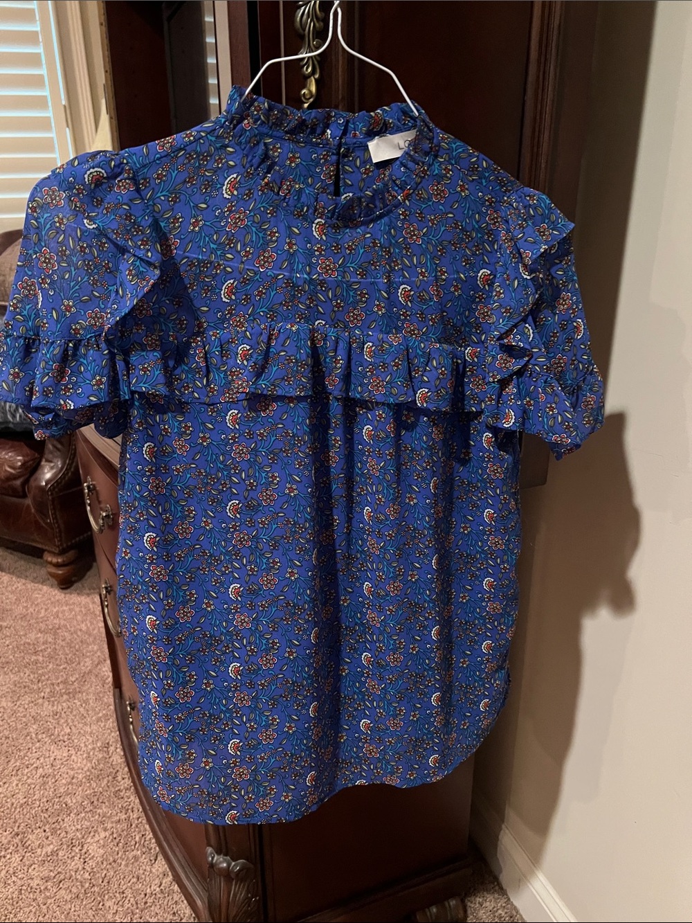 LOFT Blue Floral Ruffle Short Sleeve Blouse